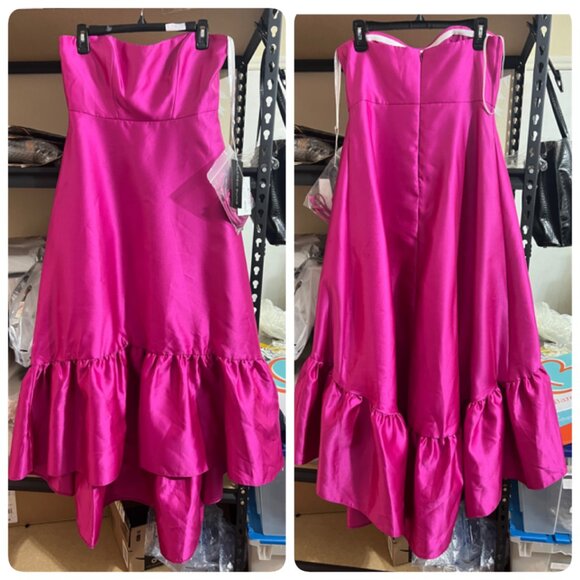Alfred Sung Strapless Ruffle High-Low Satin Gown Size 8R in THINK PINK - Picture 2 of 12